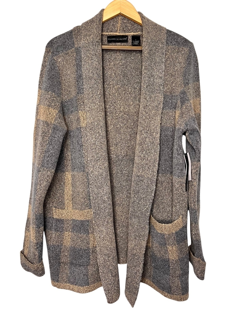 NWT Preswick & Moore Plaid Open Front Cardigan Sweater Large Grey Camel Pocket